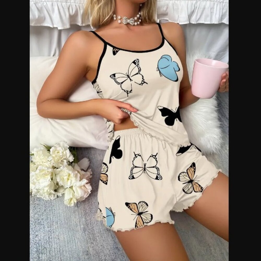 Charming Butterfly Print Pajama Set - Soft Lettuce Trim Cami Top & Shorts Size L